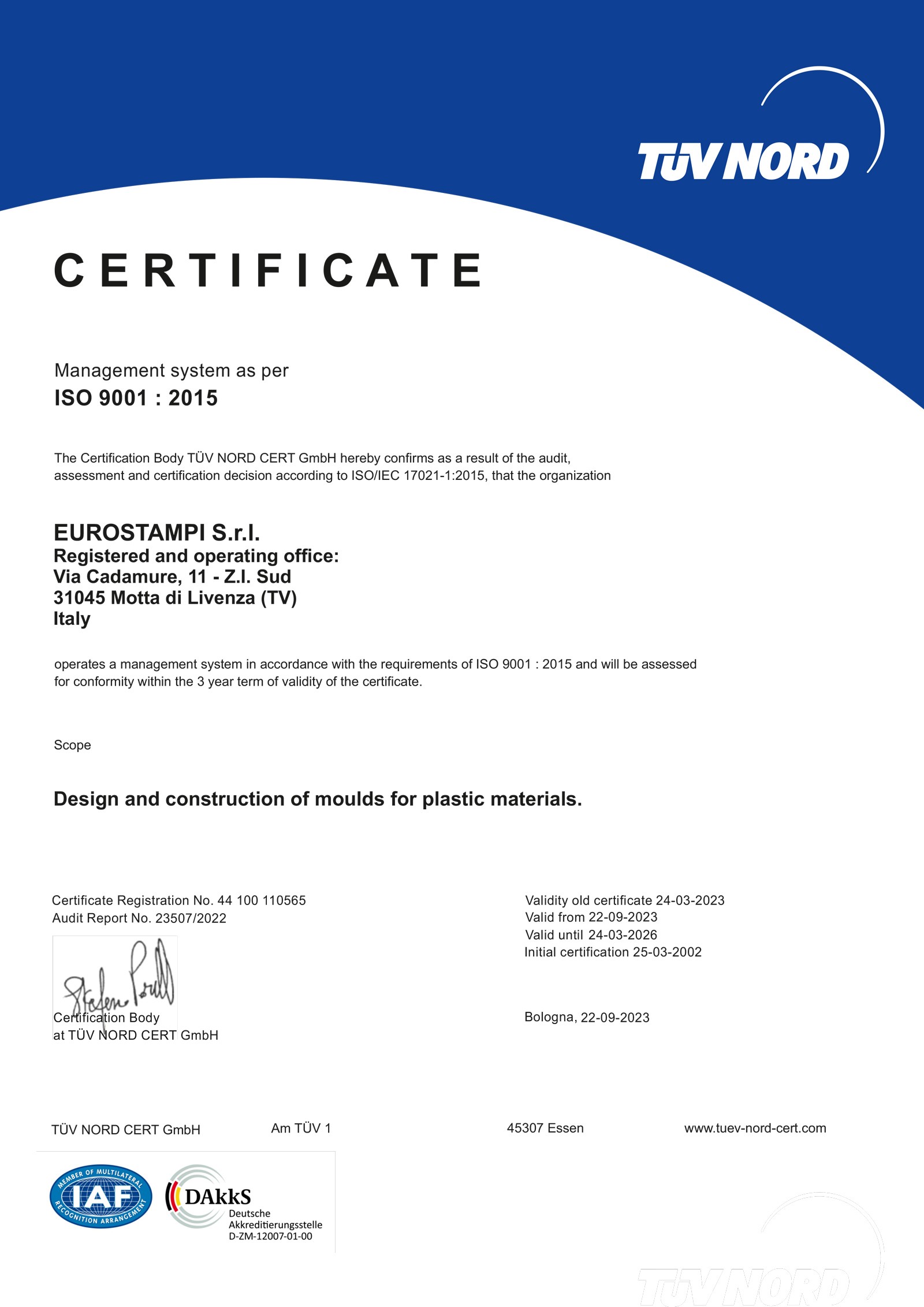 Eurostampi is certified for the UNI EN ISO 9001 quality system