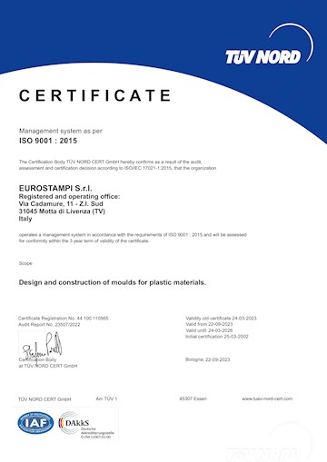 Eurostampi è certificata per il sistema di qualità UNI EN ISO 9001