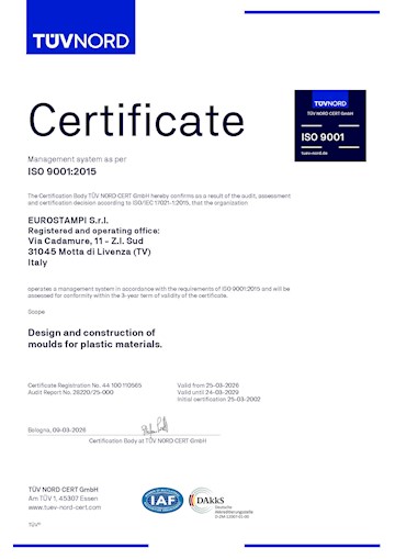 Eurostampi è certificata per il sistema di qualità UNI EN ISO 9001